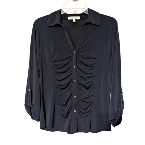 Ellen Tracy Navy Blue V-neckline Gathered Button Front 3/4 Sleeve Blouse Size S - Picture 7 of 7